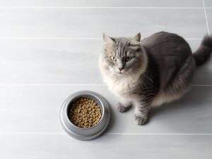 banner copyspace, gray cat eats from a white pest bowl, top view, of kibble in a modern kitchenpet nutrition and lifestyle brands.