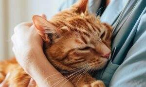 Veterinarian examining an orange cat, professional setting, emphasizing pet health and care services