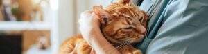 Veterinarian examining an orange cat, professional setting, emphasizing pet health and care services