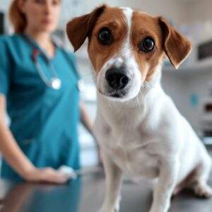 Cute Jack Russell terrier dog sitting on a table in a veterinary clinic. Puppy with female vet doctor in a cabinet